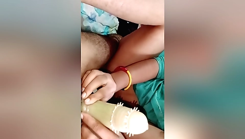 Indian brunette bhabhi touches her pussy with condom