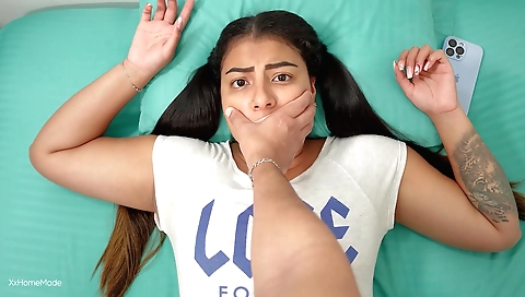 Indian brunette in a bedroom cumming after stepbro fuck