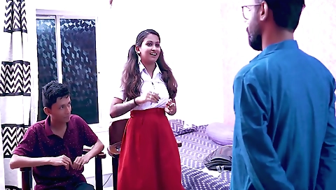 Brunette student has a threesome with her best friend and teacher