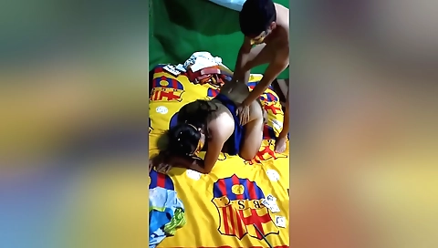 Brunette stepsister and her stepbrother are having a good time