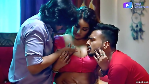 Brunette MILF and old teen share a dildo to get their pussies wet